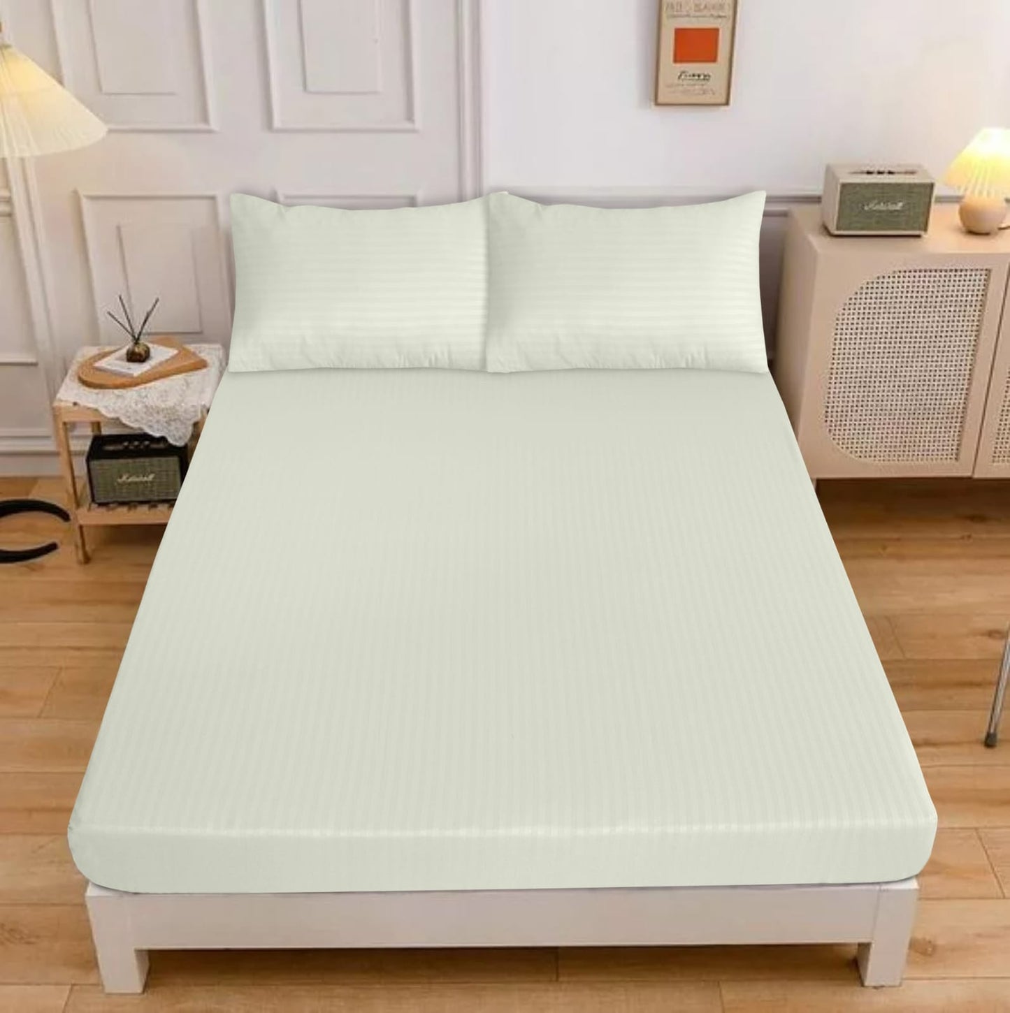 Classic Cotton 3 Pcs fitted Double Bed Sheet-[1 Sheet and Two Pillow cases]