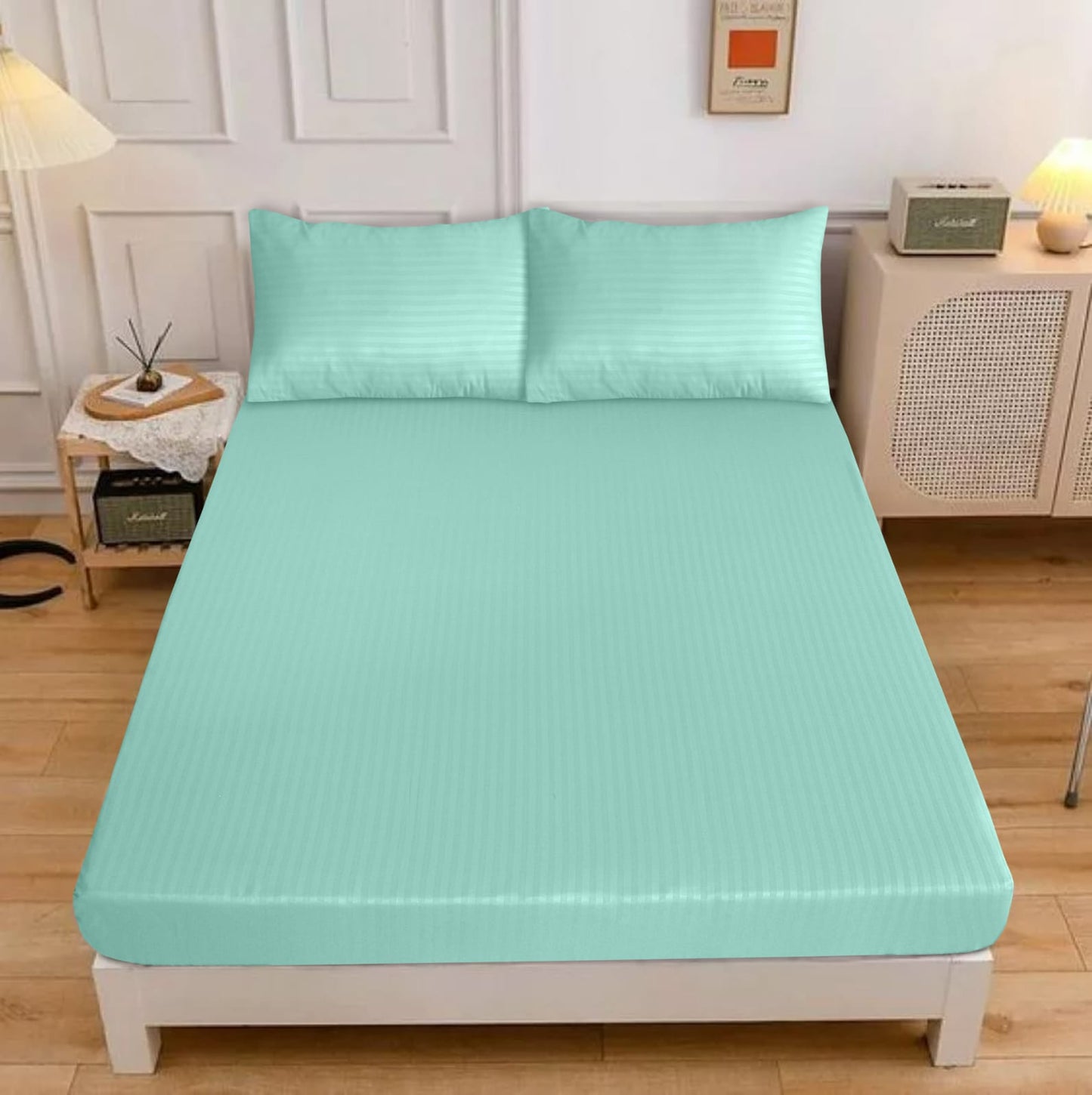 Classic Cotton 3 Pcs fitted Double Bed Sheet-[1 Sheet and Two Pillow cases]