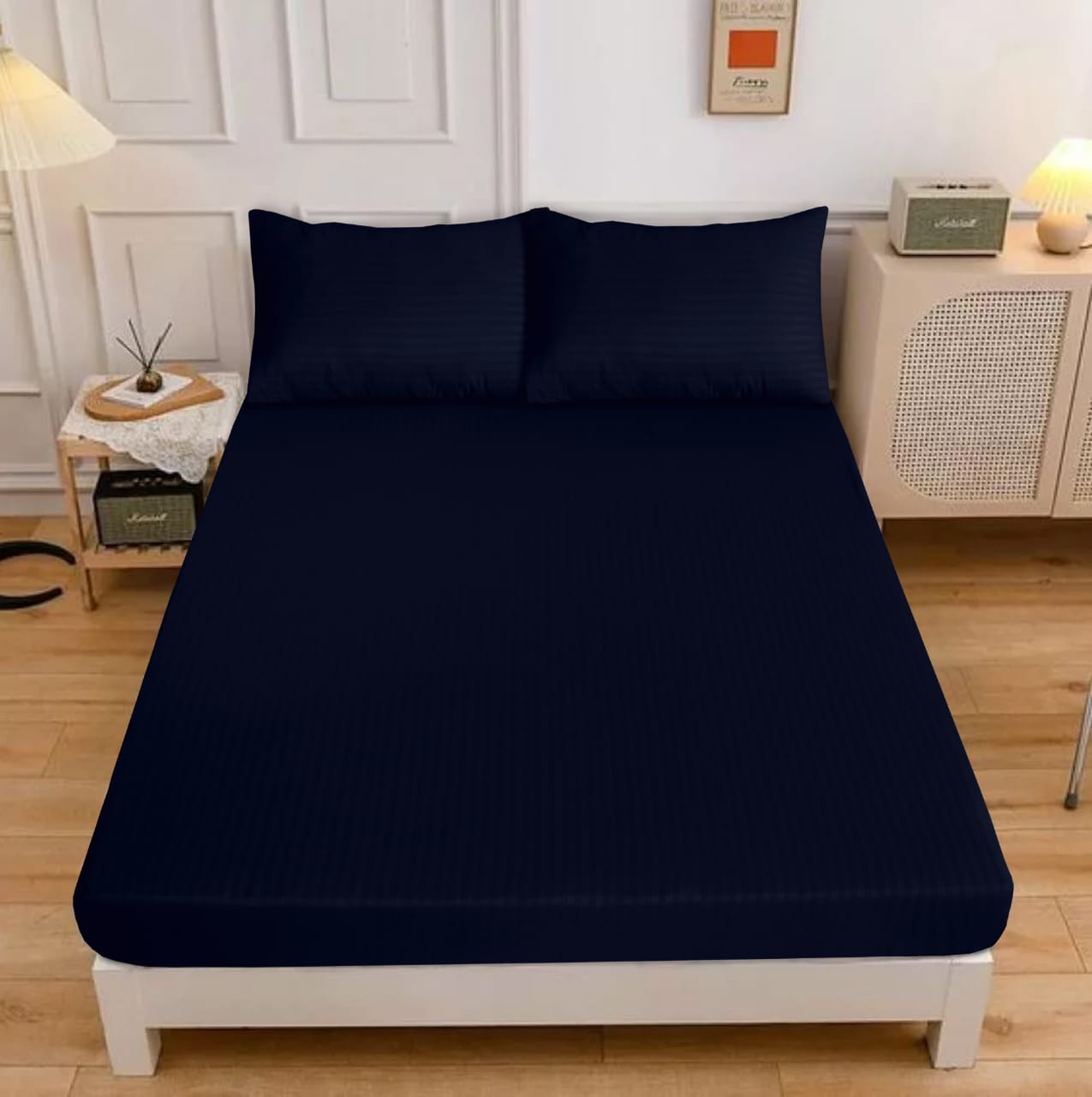 Classic Cotton 3 Pcs fitted Double Bed Sheet-[1 Sheet and Two Pillow cases]