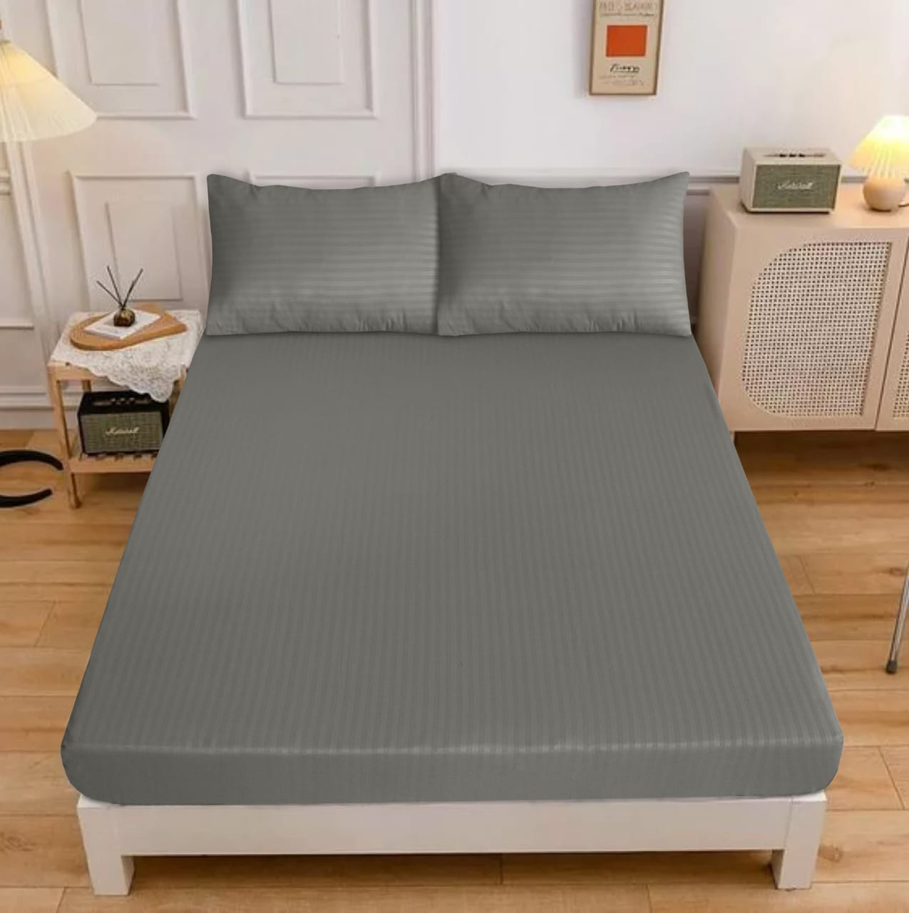 Classic Cotton 3 Pcs fitted Double Bed Sheet-[1 Sheet and Two Pillow cases]