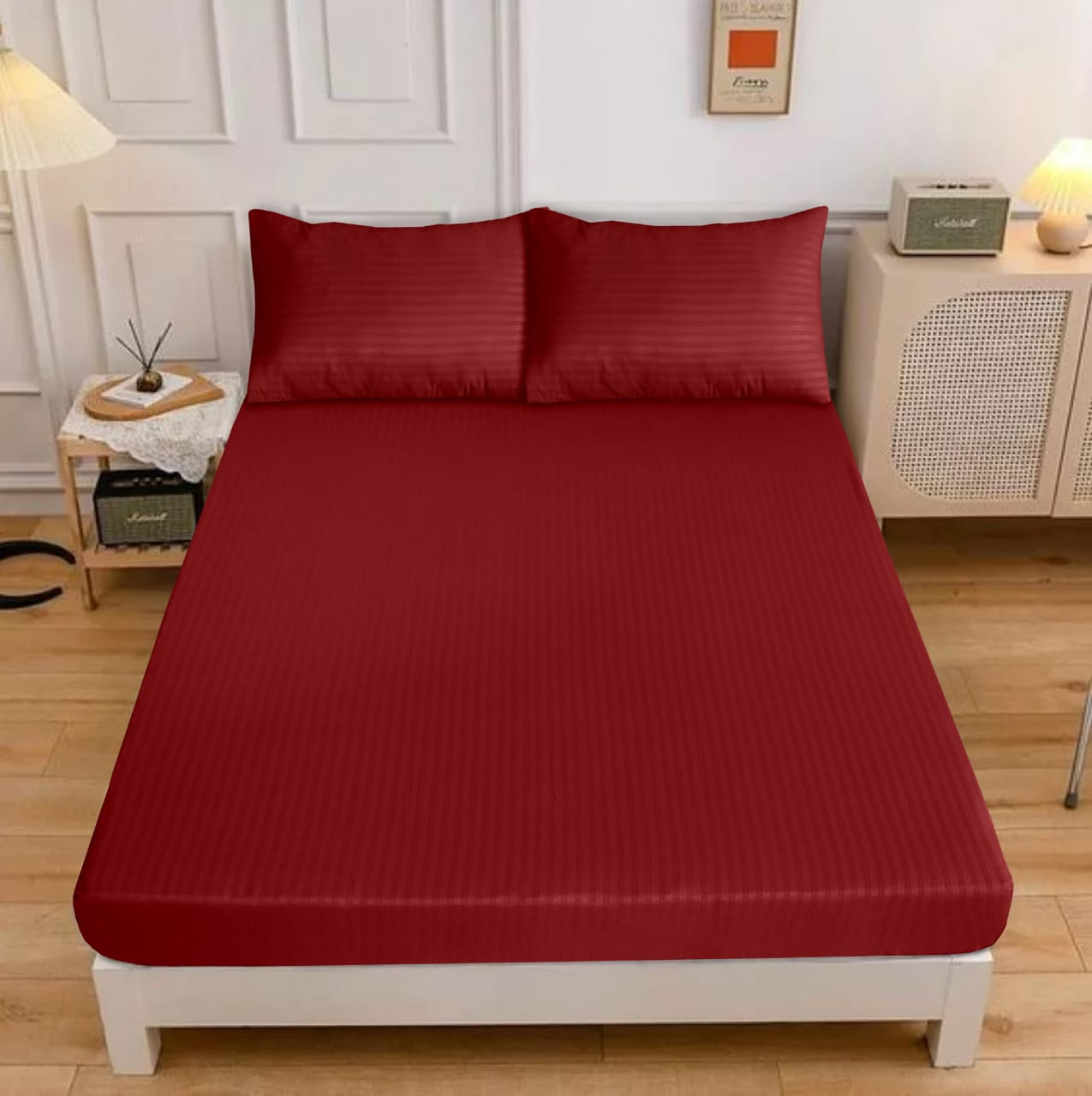Classic Cotton 3 Pcs fitted Double Bed Sheet-[1 Sheet and Two Pillow cases]
