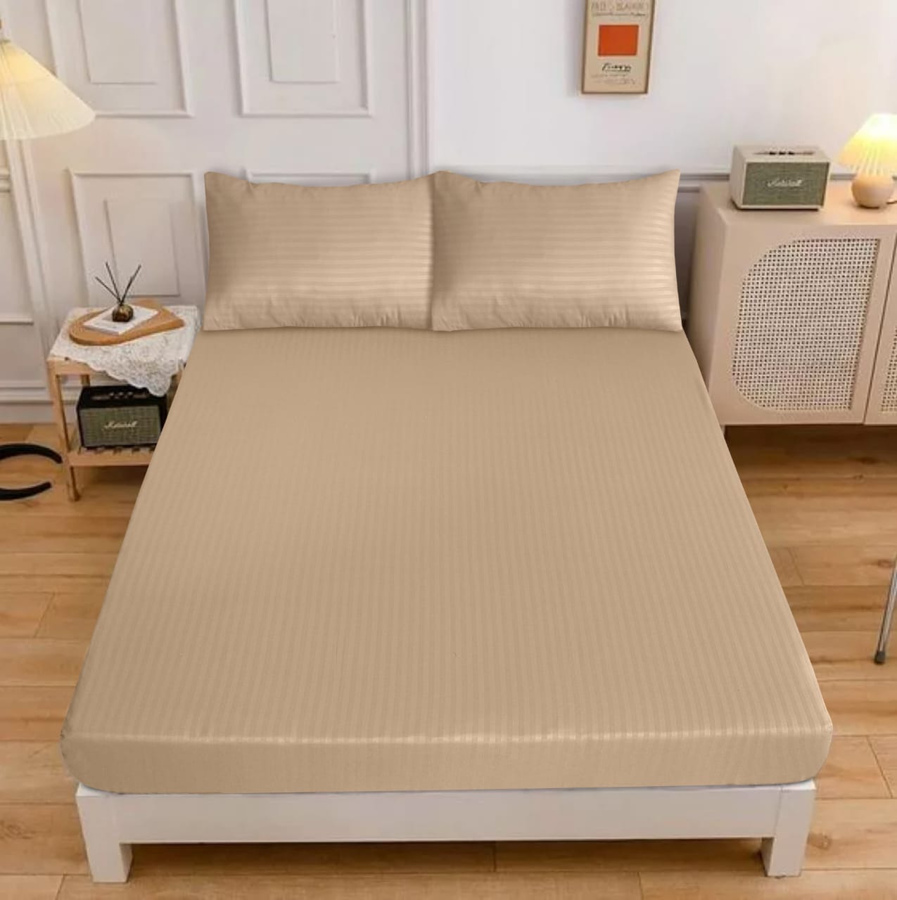 Classic Cotton 3 Pcs fitted Double Bed Sheet-[1 Sheet and Two Pillow cases]