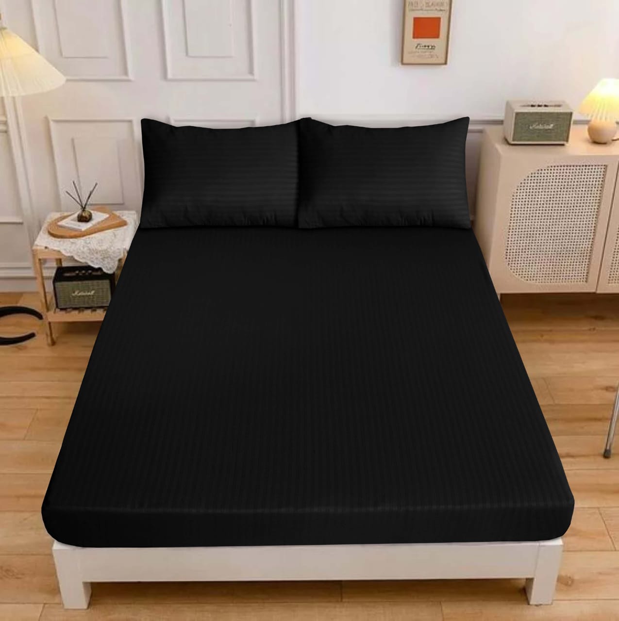 Classic Cotton 3 Pcs fitted Double Bed Sheet-[1 Sheet and Two Pillow cases]