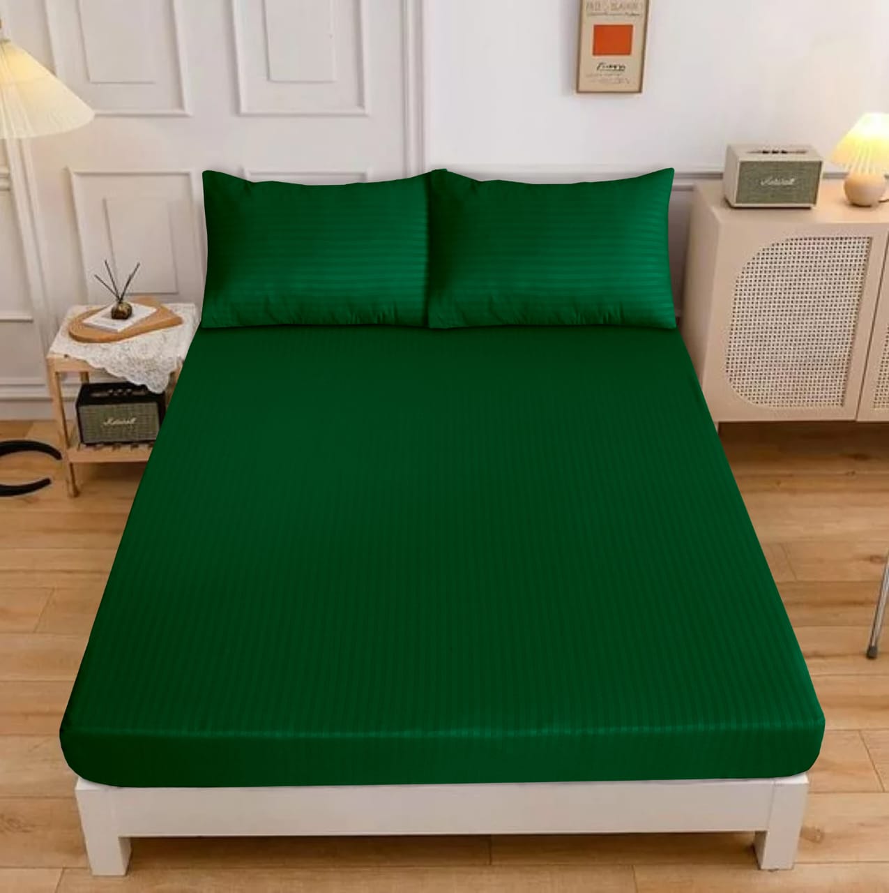 Classic Cotton 3 Pcs fitted Double Bed Sheet-[1 Sheet and Two Pillow cases]
