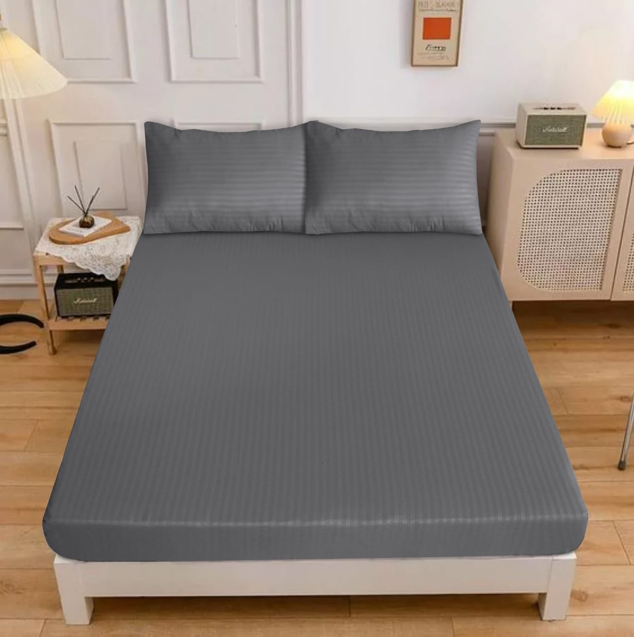 Classic Cotton 3 Pcs fitted Double Bed Sheet-[1 Sheet and Two Pillow cases]